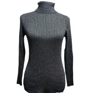 Chicos 0 Small Black Gray Silver Ribbed Metallic Turtleneck Long Sleeve Sweater